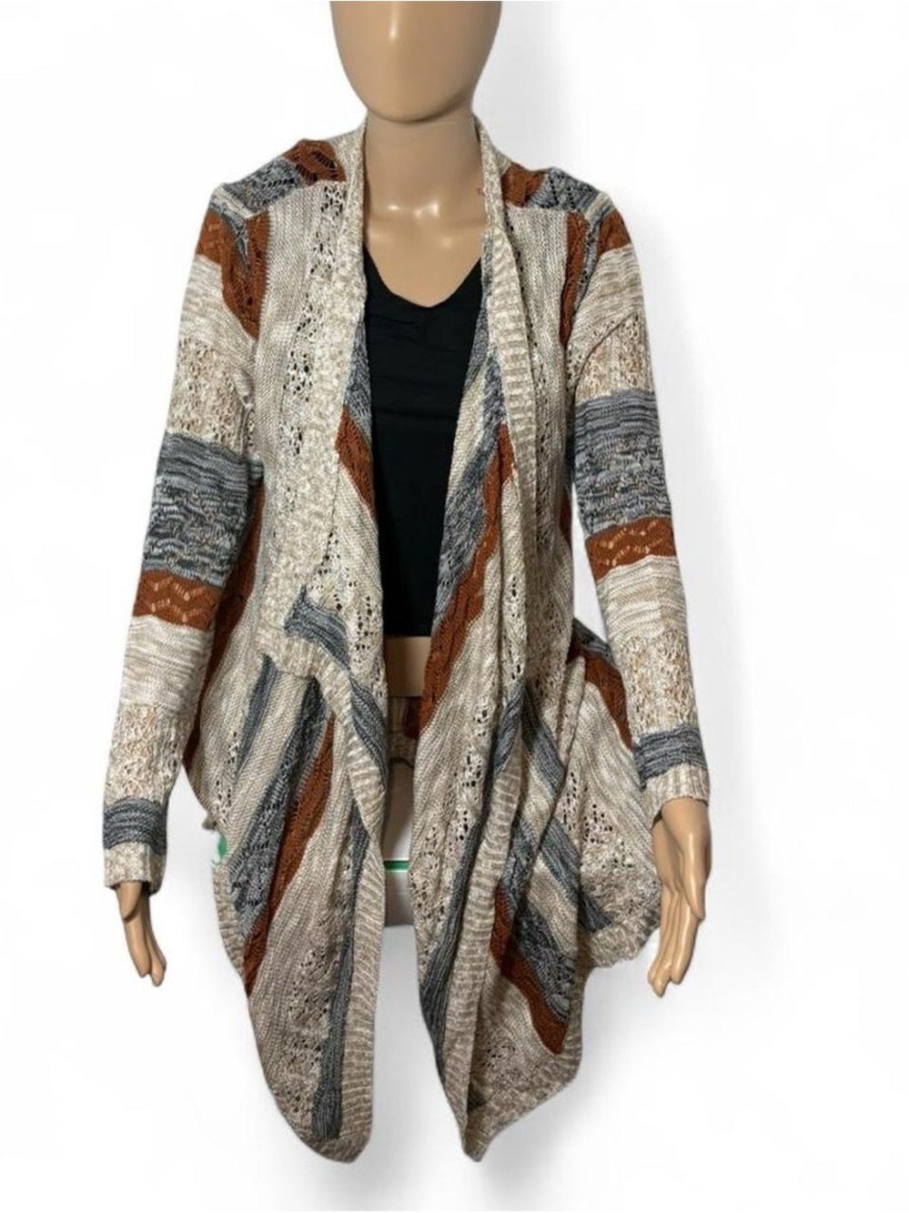 dressbarn Open-Front Draped Cardigan in Cream, Rust & Gray
